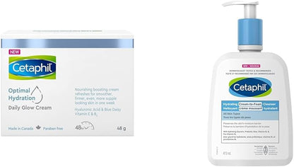 Cetaphil Optimal Hydration Daily Glow Cream for Sensitive, Dry and Dehydrated Skin & Cream to Foam Face Wash, Hydrating Foaming Cream Cleanser, For Normal to Dry