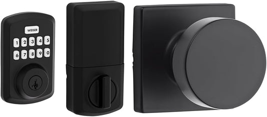 Weiser Powerbolt 3 Matte Black Keyless Entry Smart Door Lock + Cambie Matte Black Interior Door Knob