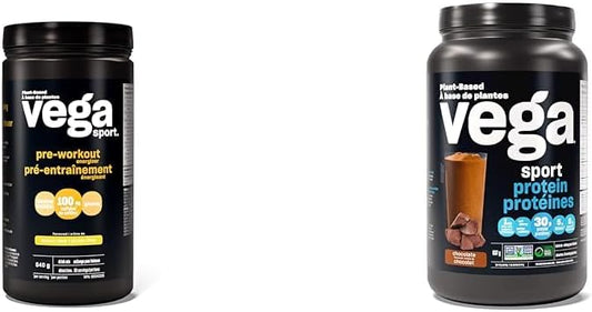 Vega Sport 鍛鍊前能量飲料，檸檬青檸口味（30 份）和運動蛋白素食蛋白粉，巧克力口味（19 份）支鏈氨基酸，氨基酸