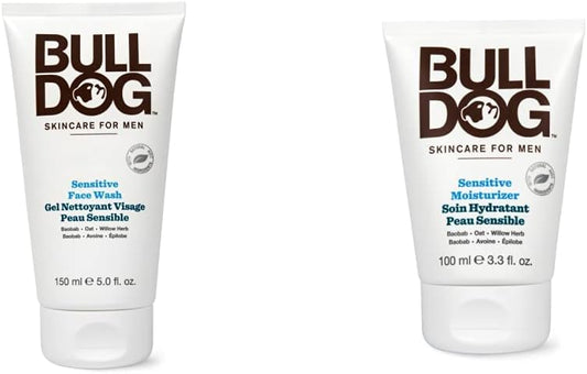 Bulldog Skincare Sensitive Skin Face Wash for Men, 150 mL and Skincare Sensitive Skin Face Moisturizer for Men, Fragrance Free Lotion, NEW VERSION, 100 mL