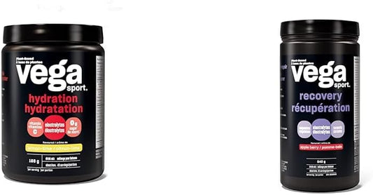Vega Sport 補水電解質粉（檸檬青檸味，純素補水劑，168 克）和運動後恢復加速劑（蘋果漿果味，純素，非乳製品，無麩質，支鏈氨基酸，540 克）