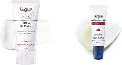 EUCERIN Urea Repair Replenishing Day Face Cream 50mL | Aquaphor Lip Balm Healing Ointment 10mL