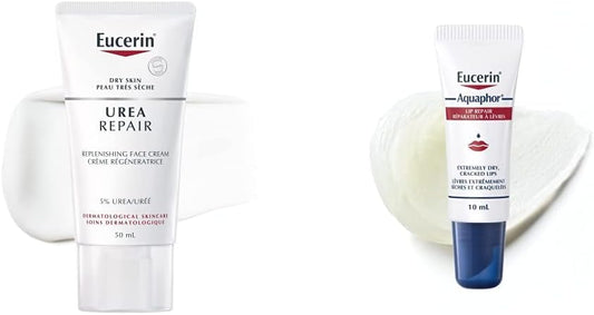EUCERIN Urea Repair Replenishing Day Face Cream 50mL | Aquaphor Lip Balm Healing Ointment 10mL