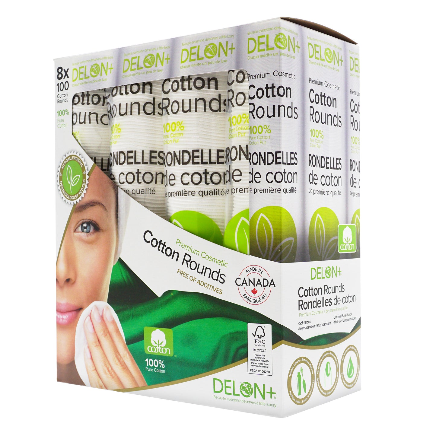 Delon 高級化妝棉，8 包，每包 100 片