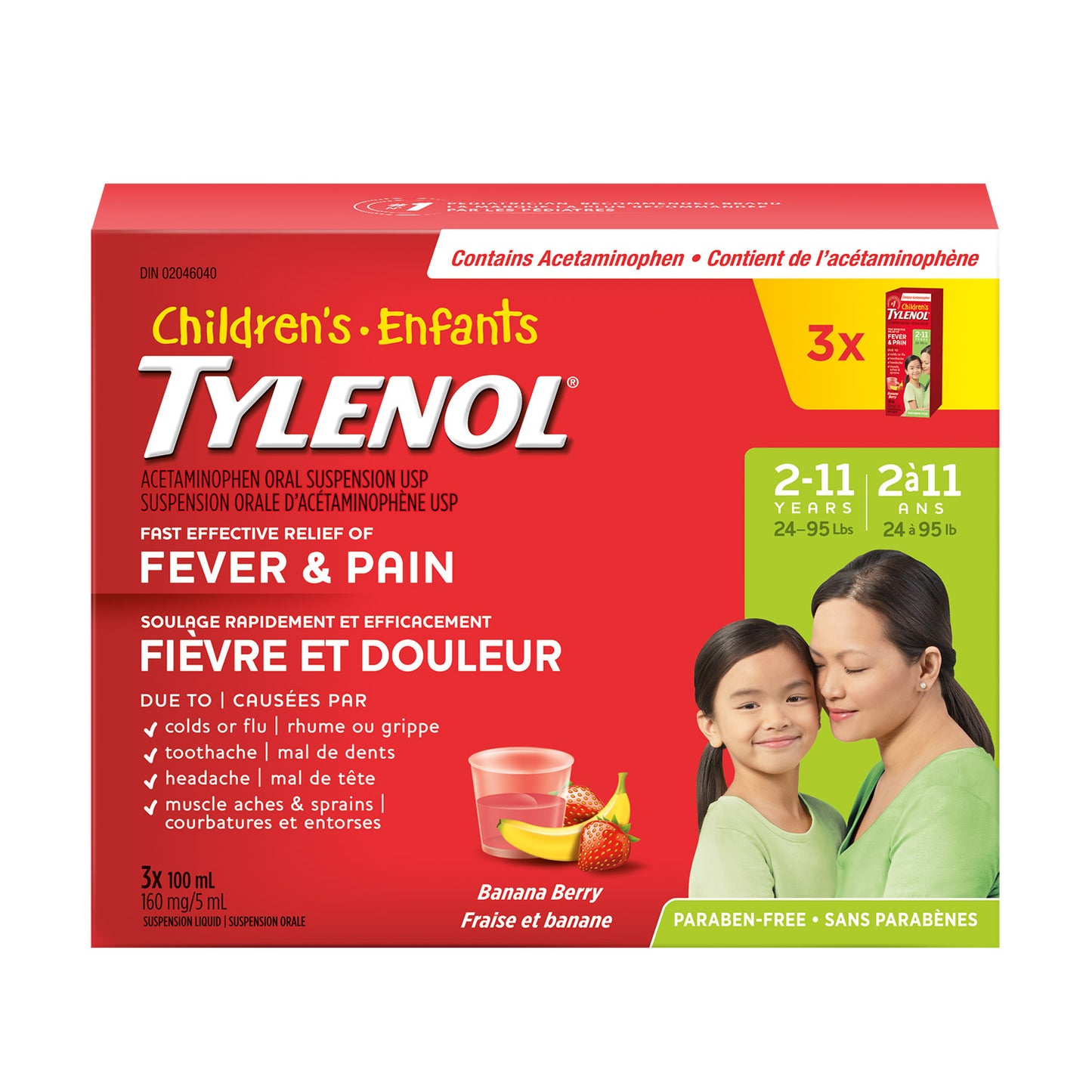 Children's Tylenol Pain Reliever Banana Berry Liquid - 100mL Bottle, 3-pack
