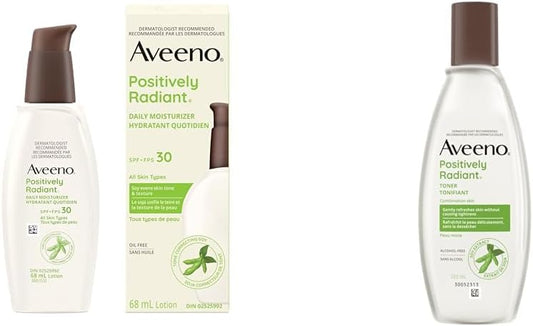 Aveeno Positively Radiant 每日保湿霜 SPF30，68 毫升（包装可能有所不同）和含大豆提取物的净肤爽肤水，不含酒精 - 6.7 液体盎司