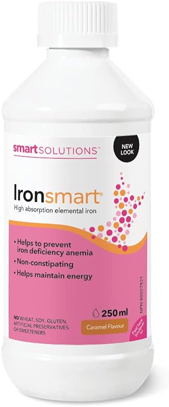 Smart Solutions Ironsmart 焦糖味液態補鐵劑，有助於保持精力充沛，預防缺鐵。不引起便秘，含10毫克鐵，無麩質，不含人工防腐劑或甜味劑，250毫升