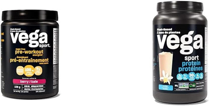 Vega Sport 無糖運動前能量飲料，莓果味（40 份）和運動蛋白素食蛋白粉，香草味（20 份）支鏈氨基酸、氨基酸、生酮友好型、酸櫻桃味、無麩質