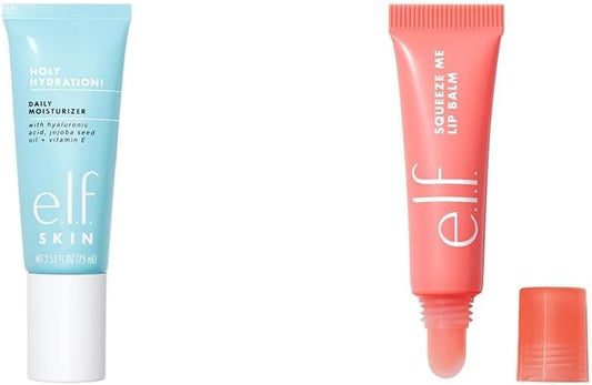 e.l.f. 每日保濕霜，蘊含蘆薈、荷荷巴油和乳木果油，2.53 液體盎司（75 毫升）和 Squeeze Me 潤唇膏，保濕潤唇膏，帶來純粹的色彩