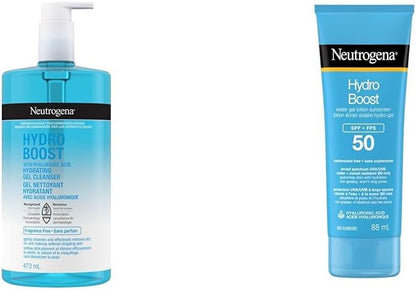 Neutrogena Hydro Boost Fragrance-Free Hydrating Cleansing Gel, Foaming, Facial Cleanser, Hyaluronic Acid, Paraben Free, 473-mL & Hydro Boost Water Gel Lotion Sunscreen SPF 50 88 mL