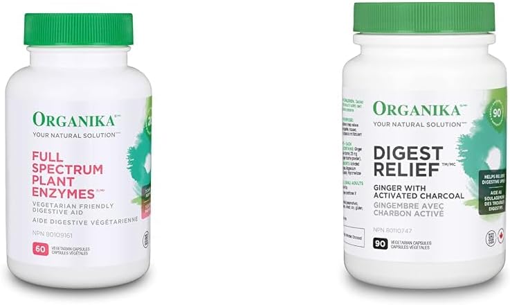 Organika 全譜植物酵素 - 幫助分解碳水化合物、脂肪、蛋白質、乳製品 - 60 粒素食膠囊和消化緩解 - 含生薑和活性碳 - 緩解消化不良，90 粒（1 包）