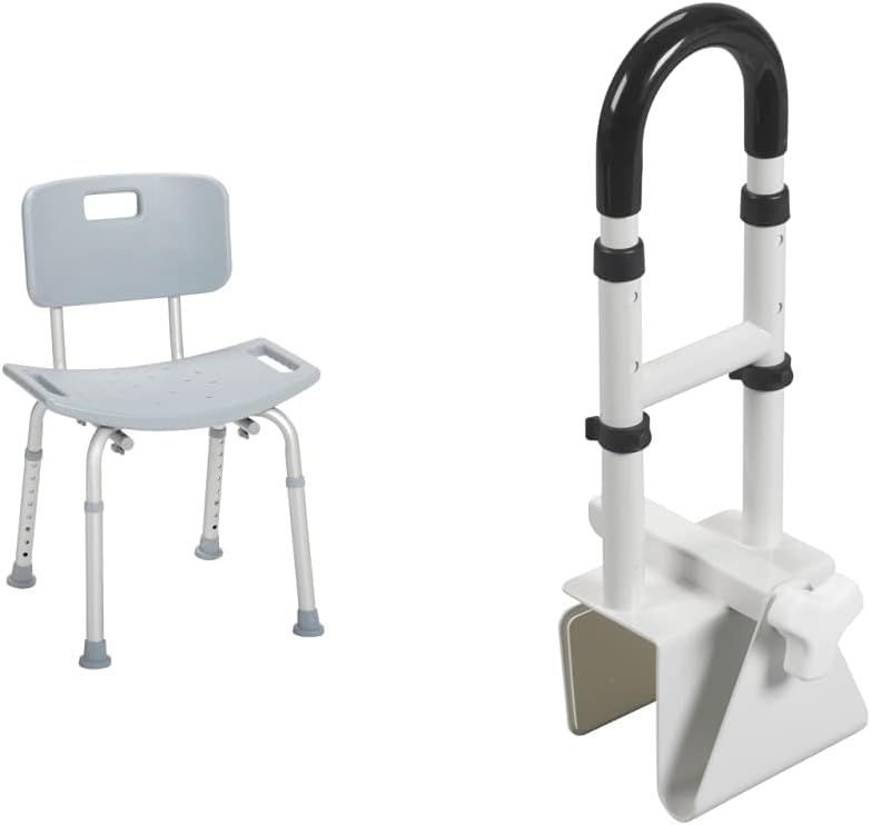 Drive Medical Designer系列豪華附靠背浴凳，灰色 | 可調節高度浴缸扶手安全欄桿