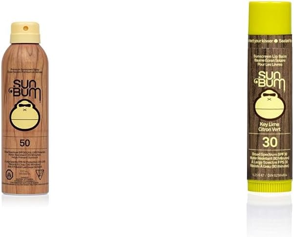 Sun Bum 原廠 SPF 50 防曬噴霧，適合素食主義者和珊瑚礁，廣譜保濕 UVA/UVB 防曬霜，含維生素 E，6 盎司 & 防曬潤唇膏，酸橙味，Spf 30，酸橙味，4.25 克