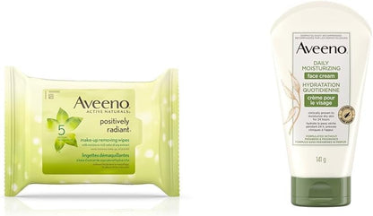 Aveeno 卸妆湿巾、大豆提取物正能量焕彩洁面湿巾（25 片装）和每日保湿面霜（每日保湿面部和颈部乳液）（无香型，141 克）