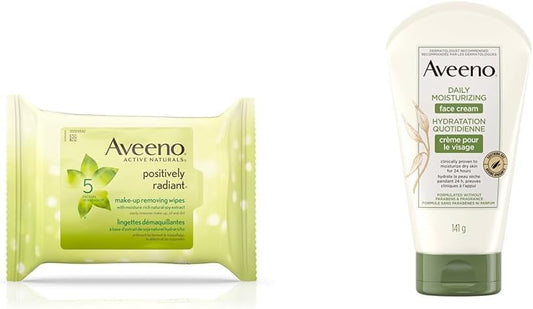 Aveeno 卸妆湿巾、大豆提取物正能量焕彩洁面湿巾（25 片装）和每日保湿面霜（每日保湿面部和颈部乳液）（无香型，141 克）