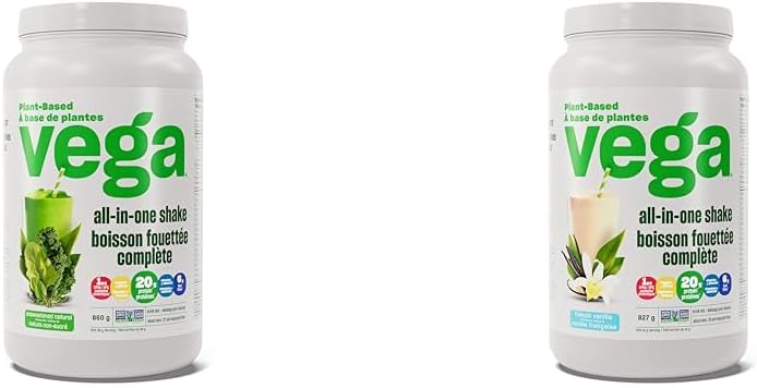 Vega 全效合一纯素蛋白粉，天然无糖（22 份）+ 法国香草（20 份）| 超级食品成分，维生素，增强免疫力