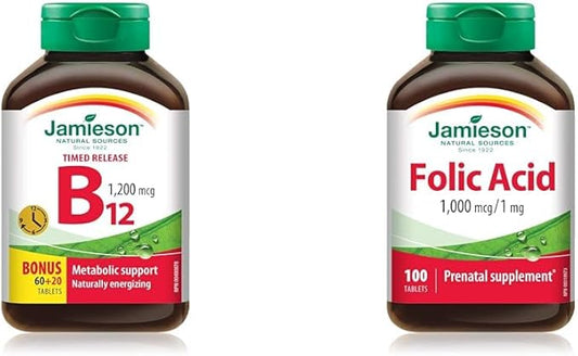 002 Jamieson 维生素B12（钴胺素）1200微克，定时释放，80片，以及叶酸1000微克，100片