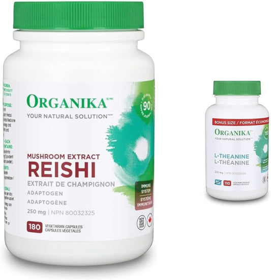 Organika Mushroom Extract - Reishi 180 Vcaps & L-Theanine Bonus Size 110 vcaps-Relaxation Promotion, Stress Support, Pure Natural Source
