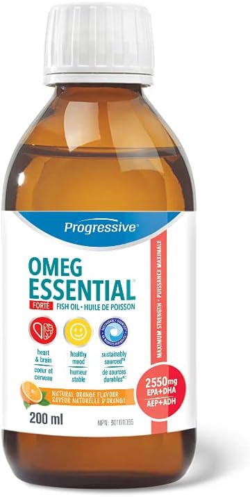 Progressive OmegEssential Forte 液体鱼油 最大强度 - 1700 毫克 EPA + 850 毫克 DHA，橙味，200 毫升 | 全天然，冷水，野生捕捞