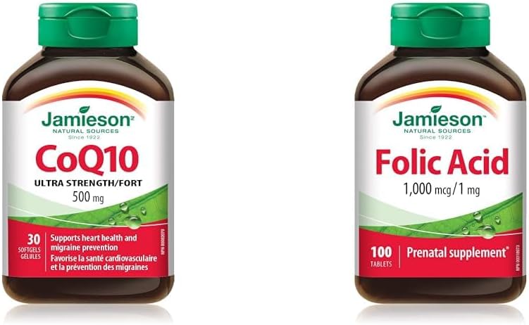 CoQ10 500 毫克超强效 - 辅酶 Q10，非转基因，无麸质，30 片（1 包）和叶酸 1000 微克，100 片装
