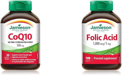 CoQ10 500 毫克超强效 - 辅酶 Q10，非转基因，无麸质，30 片（1 包）和叶酸 1000 微克，100 片装