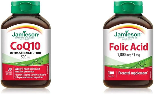 CoQ10 500 毫克超强效 - 辅酶 Q10，非转基因，无麸质，30 片（1 包）和叶酸 1000 微克，100 片装