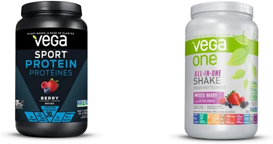 Vega Sport 蛋白粉（莓果味，19 份）+ Vega 多合一素食蛋白粉（混合莓果味，20 份）