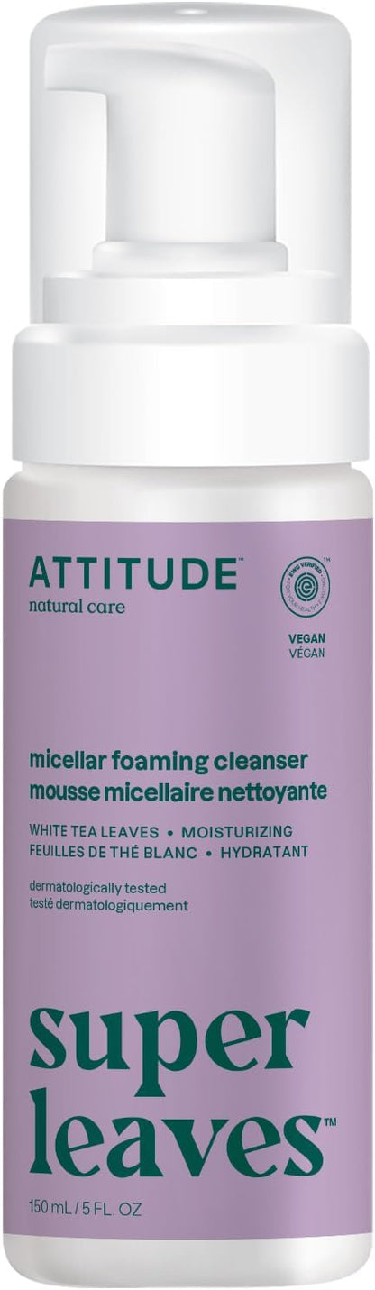 ATTITUDE Micellar Foaming Facial Cleanser, Made in Canada, EWG Verified, Dermatologically Tested, Plant and Mineral-Based, Vegan, White Tea Leaves, 150 mL
