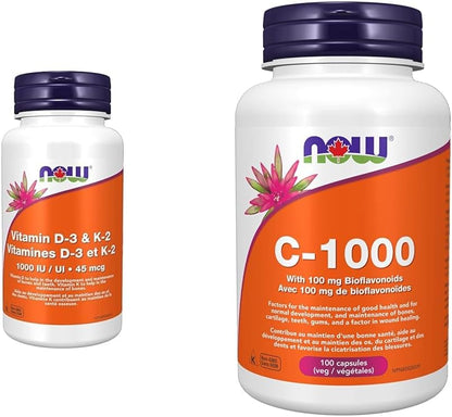 Now Foods 维生素 D-3 1,000 IU 和 K2 45 微克 120 粒胶囊和 C-1000，含 100 毫克生物类黄酮 100 粒胶囊
