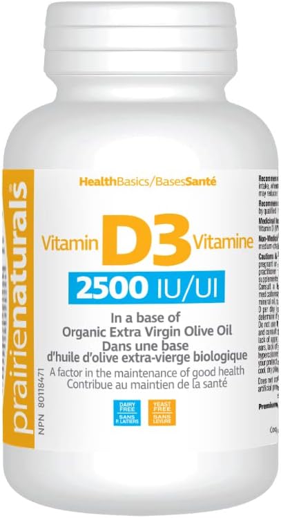 Prairie Naturals Vitamin D3 Cholecalciferol 2,500 IU in Organic Extra-Virgin Olive Oil Softgel - 90 Count