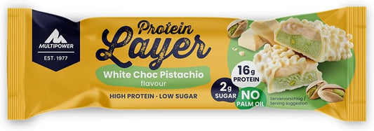 Multipower Protein Layer Bar - White Chocolate Pistachio Flavor - High-Protein Multi-Layer Snack - 50g Bars (18 Pack)