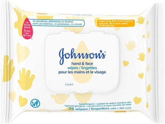 Johnson’s Hand and Face Baby Cleansing Wipes for Sensitive Skin, Alcohol Free, Travel Pack, 25 Count
