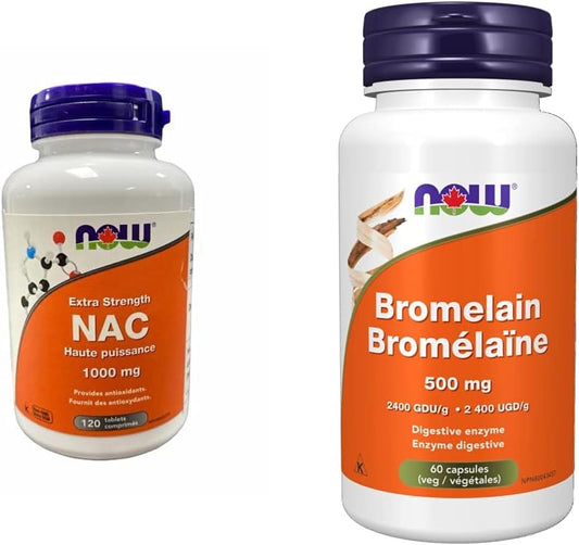 NOW NAC Extra Strength Tablets 1000mg (120 Count) + NOW Bromelain 500mg 2400 GDU/g (60 Vcaps)