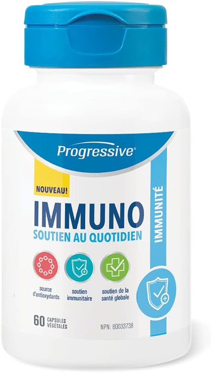 Progressive Immuno 每日支持 60 粒植物胶囊，含维生素 C、β-葡聚糖和锌，60 粒