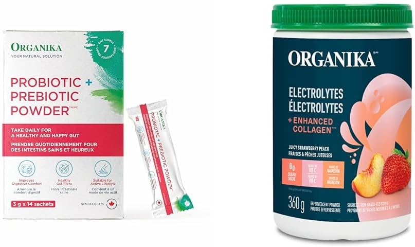 Organika 益生元 + 益生菌粉和電解質 + 增強膠原蛋白（草莓桃子口味）套裝