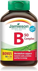 Jamieson 維生素 B50 複合物，混合 8 種必需 B 群維生素，並添加葉酸，促進細胞健康，支持能量生成和代謝。素食，非基因改造，無麩質，加量裝，120 粒膠囊，加拿大製造
