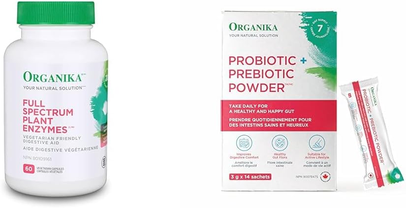 Organika Full Spectrum Plant Enzymes- Helps Break Down Carbs, Fat, Protein, Dairy- 60 vcaps & Prebiotic + Probiotic Powder 3 G X 14 Sachets