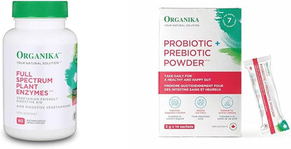 Organika Full Spectrum Plant Enzymes- Helps Break Down Carbs, Fat, Protein, Dairy- 60 vcaps & Prebiotic + Probiotic Powder 3 G X 14 Sachets