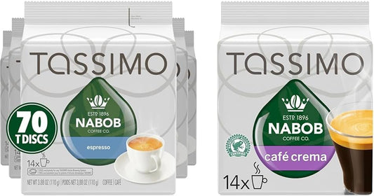 Tassimo Nabob 濃縮咖啡單份 T 盤，110 克（5 盒，每盒 14 塊）和 Nabob Café Crema 咖啡單份 T 盤，110 克