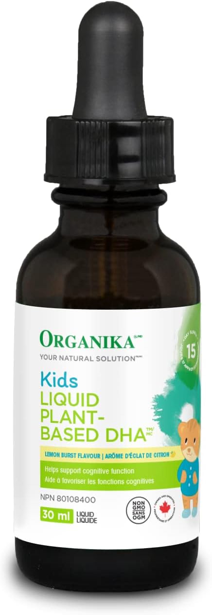 Organika 加拿大製造兒童液體植物基 DHA - 1,301 毫克 Omega 3 + DHA 和 EPA | 支持大腦、視力和認知發育，增強免疫防禦，適合 4-9 歲兒童，檸檬味 30 毫升