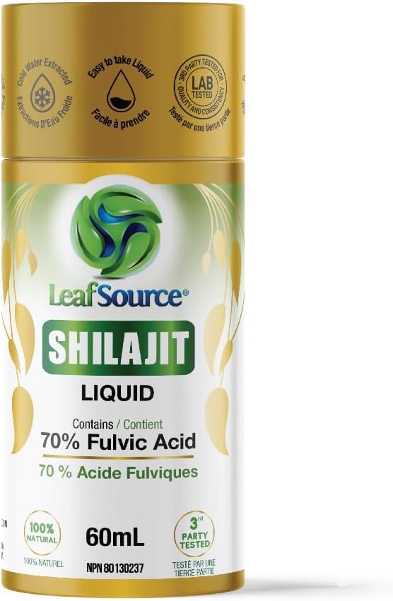 LeafSource SHILAJIT 液体 2 盎司（60 毫升），加拿大制造，70% 黄腐酸，支持骨骼健康和免疫系统，100% 纯天然，无味且快速吸收，适用于男性和女性