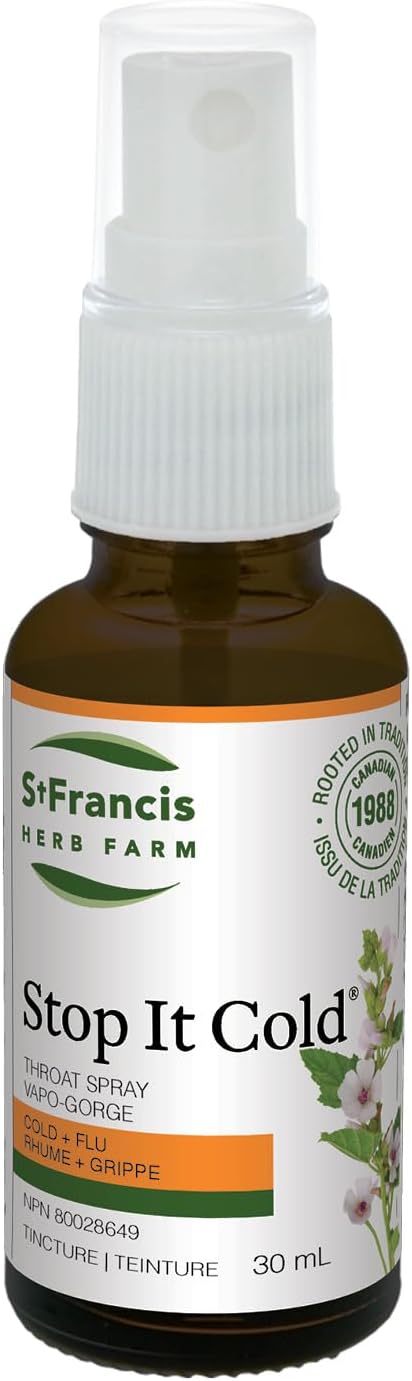 聖法蘭西斯草藥農場 Stop It Cold® 喉嚨噴霧 (30ml) 緩解喉嚨痛、感冒和流感症狀 (1 瓶) 素食、有機、野生草藥，加拿大製造，1988 年