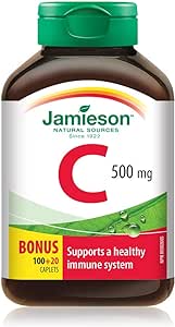 Jamieson 維生素C 500毫克膠囊，支持免疫健康，強化牙齒和骨骼。素食，無麩質，不含人工色素、香精或防腐劑，120粒，加拿大製造