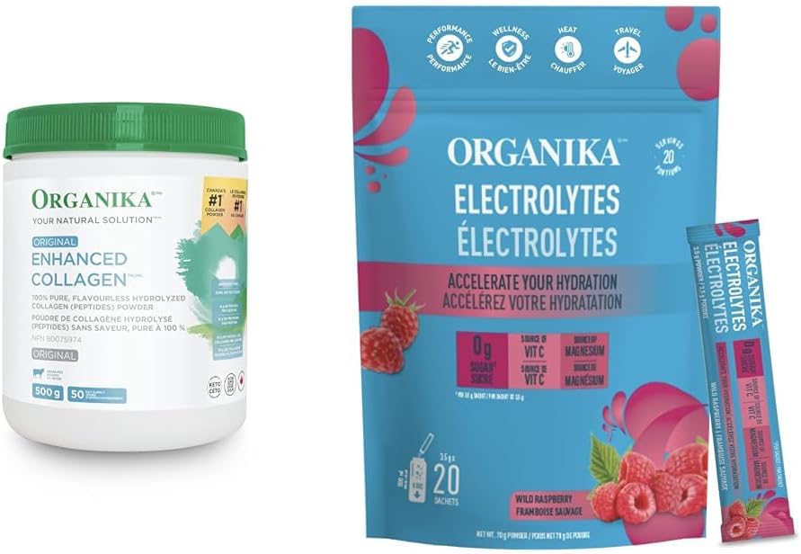 Organika 增強型膠原蛋白勝肽蛋白粉和電解質粉 - 野生覆盆子小袋裝 - 隨時隨地補充水分和電解質 3.5 克 x 20 包