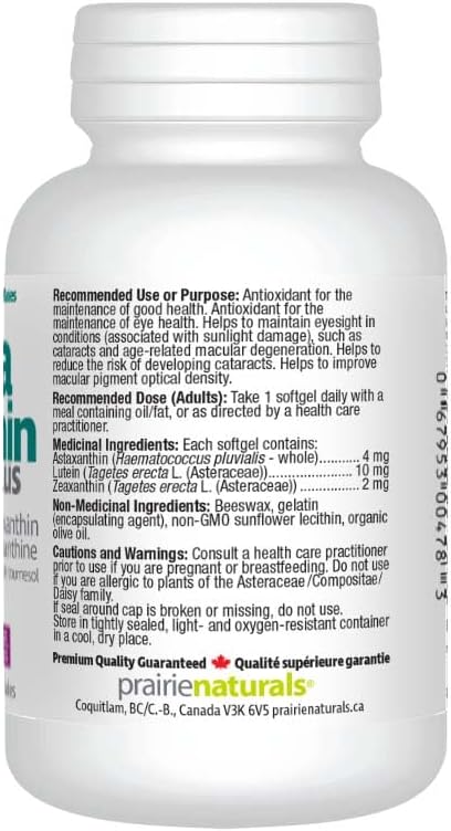 Prairie Naturals Astaxanthin Plus 4mg Astaxanthin, Lutein & Zeaxanthin Softgel helps to maintain eyesight, prevent cataracts and age-related macular degeneration, reduces the risk of developing cataracts, improves macula…
