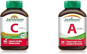 Jamieson Vitamin C 1,000 mg Timed Release Caplets, 100 Count (Pack of 1) & Vitamin A 10,000 IU, 100 Count (Pack of 1)