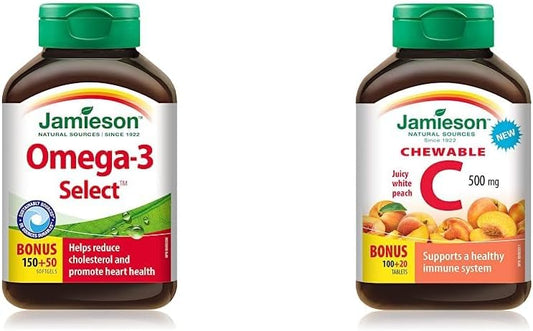 Omega-3 Select 1,000 毫克和咀嚼维生素 C 500 毫克 - 白桃口味，120 粒（1 包）