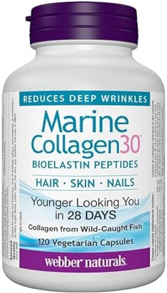 Webber Naturals Collagen30 海洋生物彈性蛋白勝肽，500 毫克 Collactive 海洋膠原蛋白勝肽和 10,000 微克生物素，120 粒膠囊，支持健康的頭髮、皮膚和指甲
