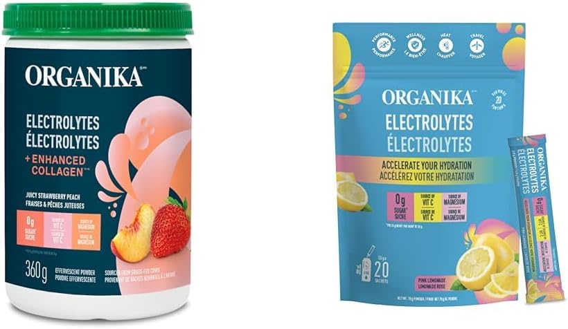 Organika 電解質 + 增強膠原蛋白（草莓桃子口味）360 克和電解質粉粉紅檸檬水小袋裝（3.5 克 x 20 包）