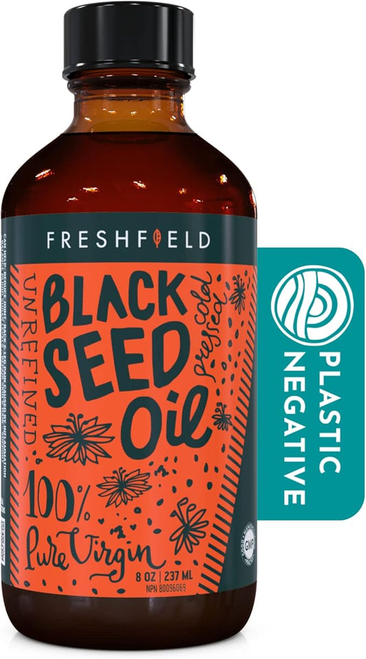 002 Freshfield 黑种草籽油 | 适合素食者，高达 3 倍百里香醌，优质（黑孜然籽油、黑种草）| 冷榨 | 超强效 | 纯正、100% 天然。8 盎司液体